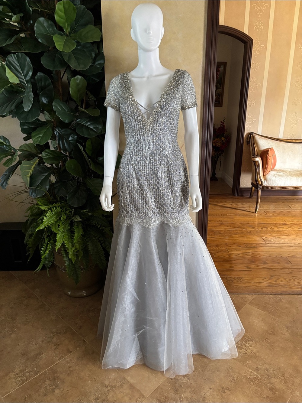 Silver Beaded V-Neck Mermaid Prom Dress - Women Dresses